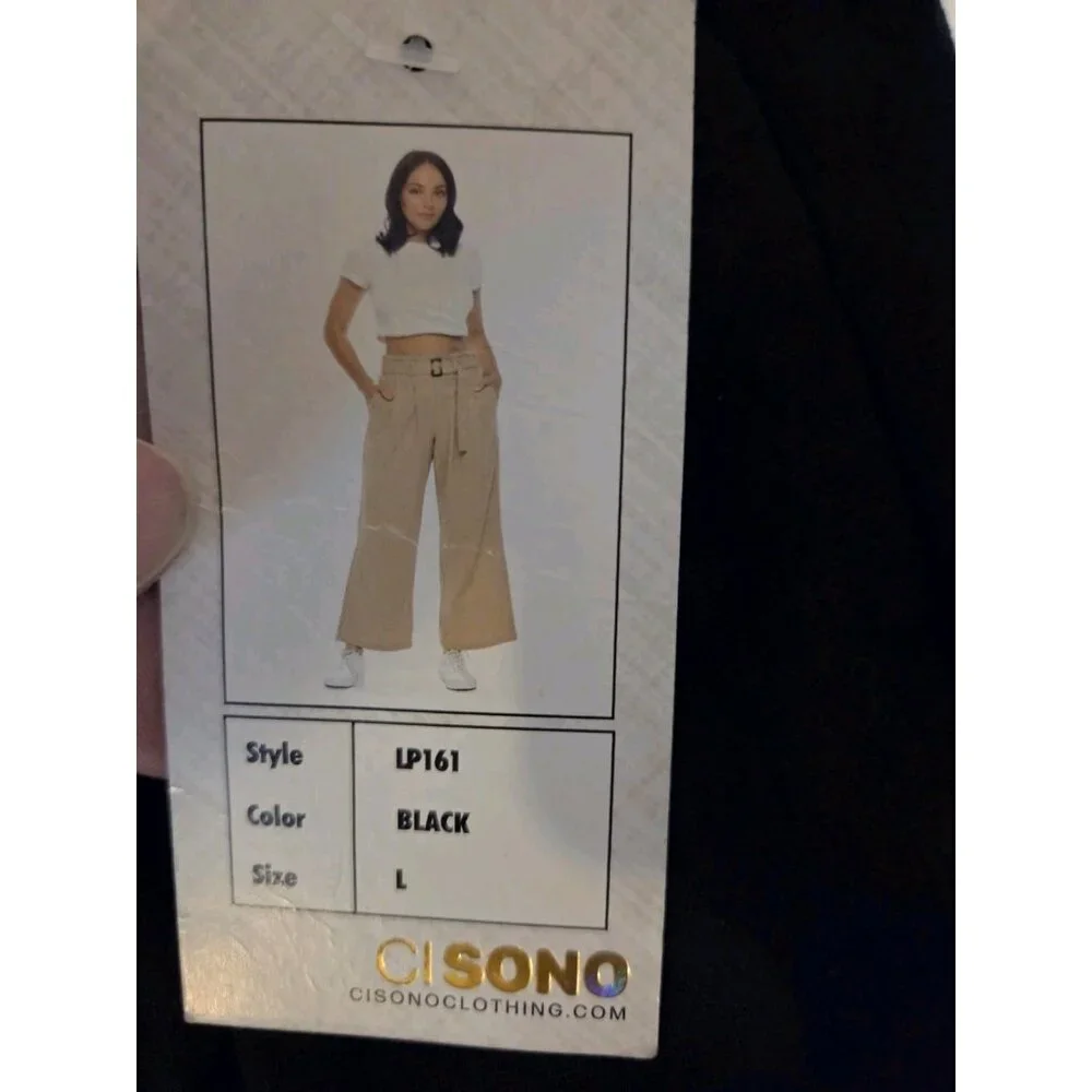 Cisono Black Wide Leg Pleated Linen Black Belted Pull On Pants Elastic Waist L